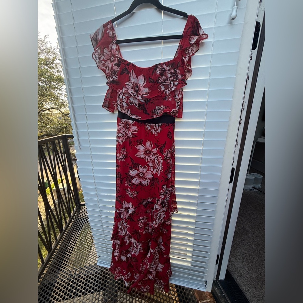 BCBGMaxAzria Red Floral Ruffle-Trim Maxi Dress